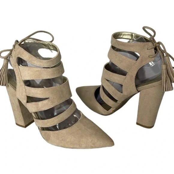 G BY GUESS Tan Galway Pointed Toe Strappy Heels Tied Tassel Ankle Faux Suede 8.5 - Picture 13 of 13